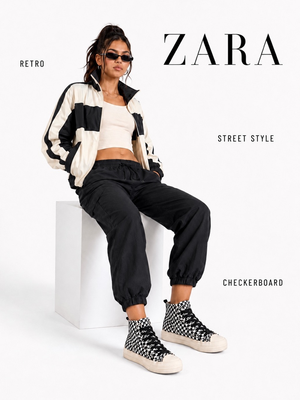 Zara NWT Star Checkerboard High-Top Sneakers Black Ivory Size 38